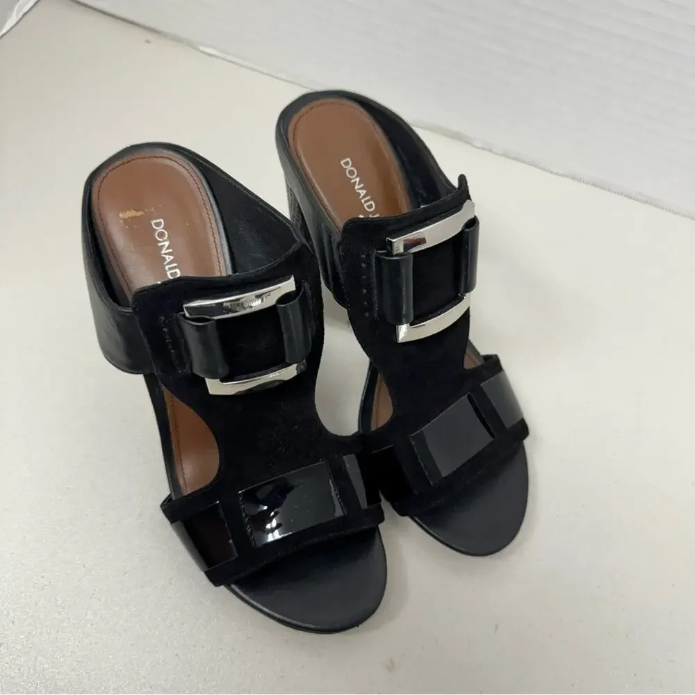 Donald J Pliner Black Leather Slip On Mule Heels Womens 7.5 Tesa Buckle Accent